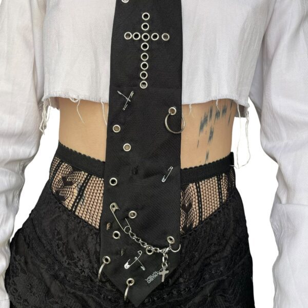 Studded punk tie - black silver cross - Image 4