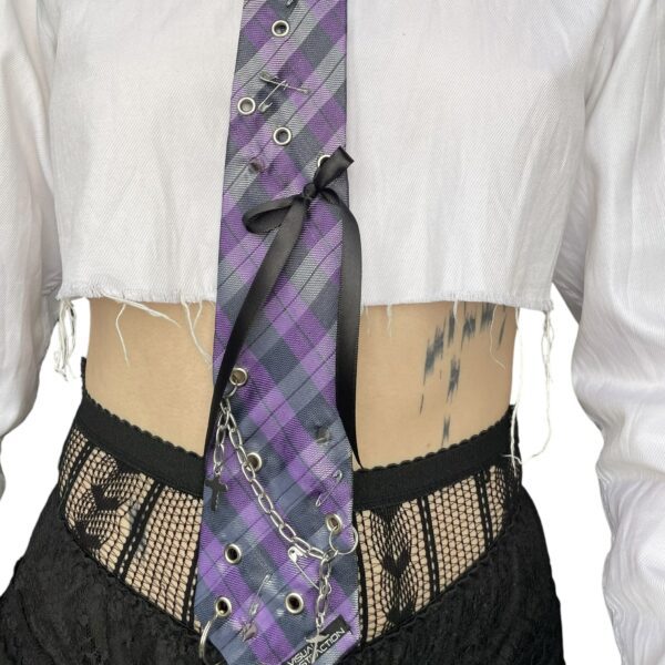 Studded punk tie - purple check - Image 4